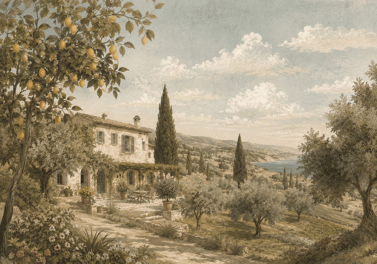 Paisaje toscano editorial: casa entre cipreses y olivos, vista al mar